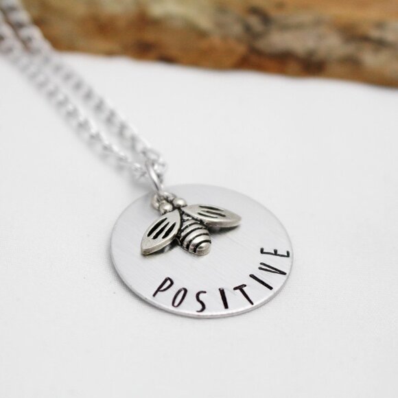 Bee Positive - Hand Stamped Pendant Necklace - 18" Chain - Handmade - Picture 4 of 6